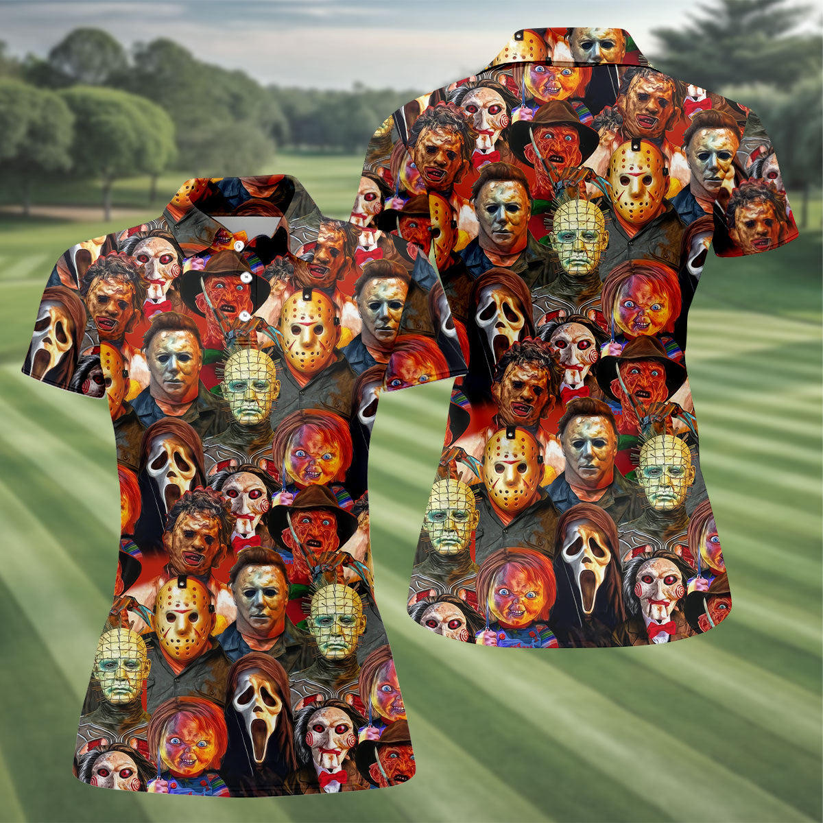 All Horror Movie Characters Women Golf Top, Halloween Golf Shirt, Unique Gift For Golfer, Ladies Golf Shirts