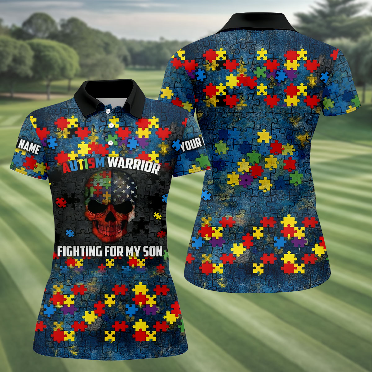 Autism Warrior Fighting For My Son Colorful Puzzles Women's Golf Tops, Unique Mother's Day Gifts