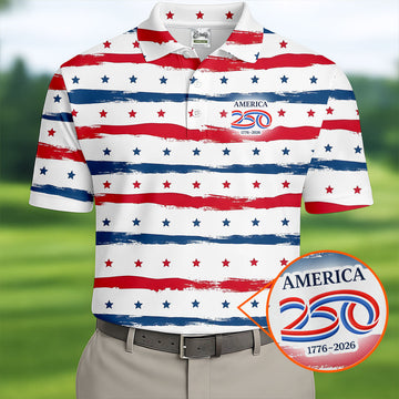 America 250 Red White Blue Stars And Stripes Golf Tops For Men, Patriotic 4th Of July Golf Shirts For Men