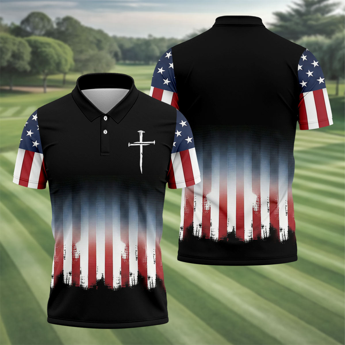 250 Years USA Anniversary 1776-2026 Men's Golf Polo ShirtFaith Cross 4th Of July Patriotic Golf Shirt