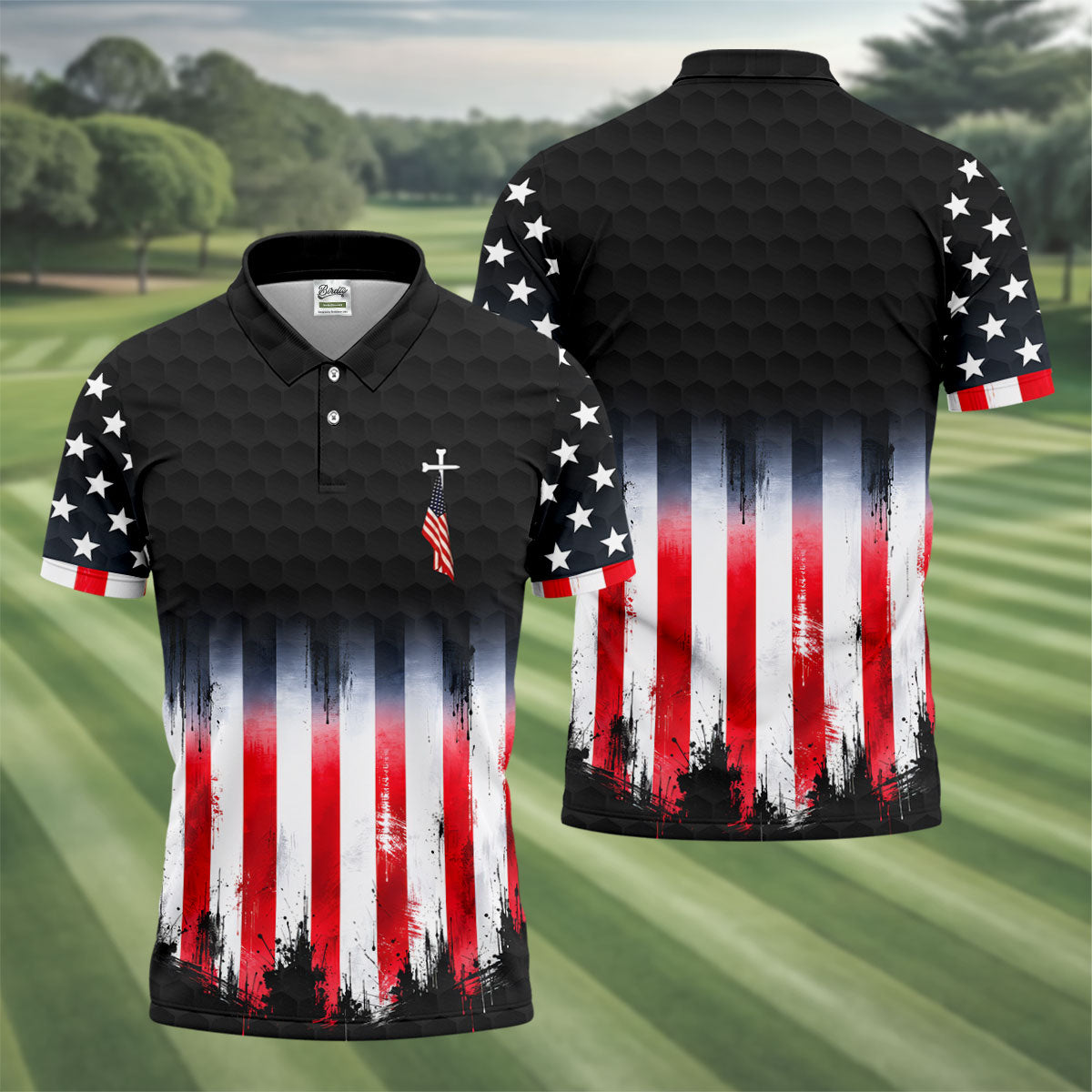 Faith Cross American Flag Patriotic Golf Ball Pattern 4th Of July Golf Shirt, 250th Anniversary Golf Shirts For Men