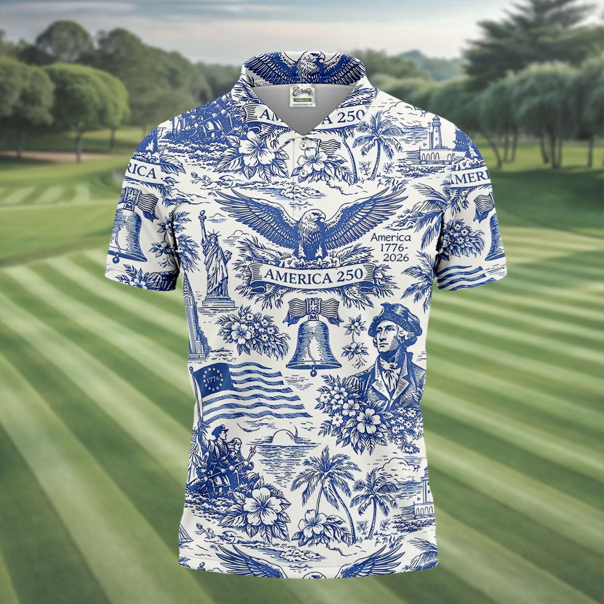 250th Anniversary Toile De Jouy American Symbols Vintage Golf Shirt, Patriotic 4th Of July Golf Shirts For Men