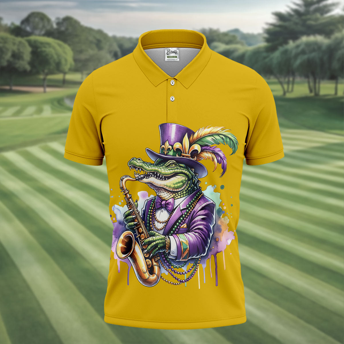 Mardi Gras Alligator Playing Saxophone Yellow Golf Shirt, Golf Shirts For Men, Polo ShirtFor Men