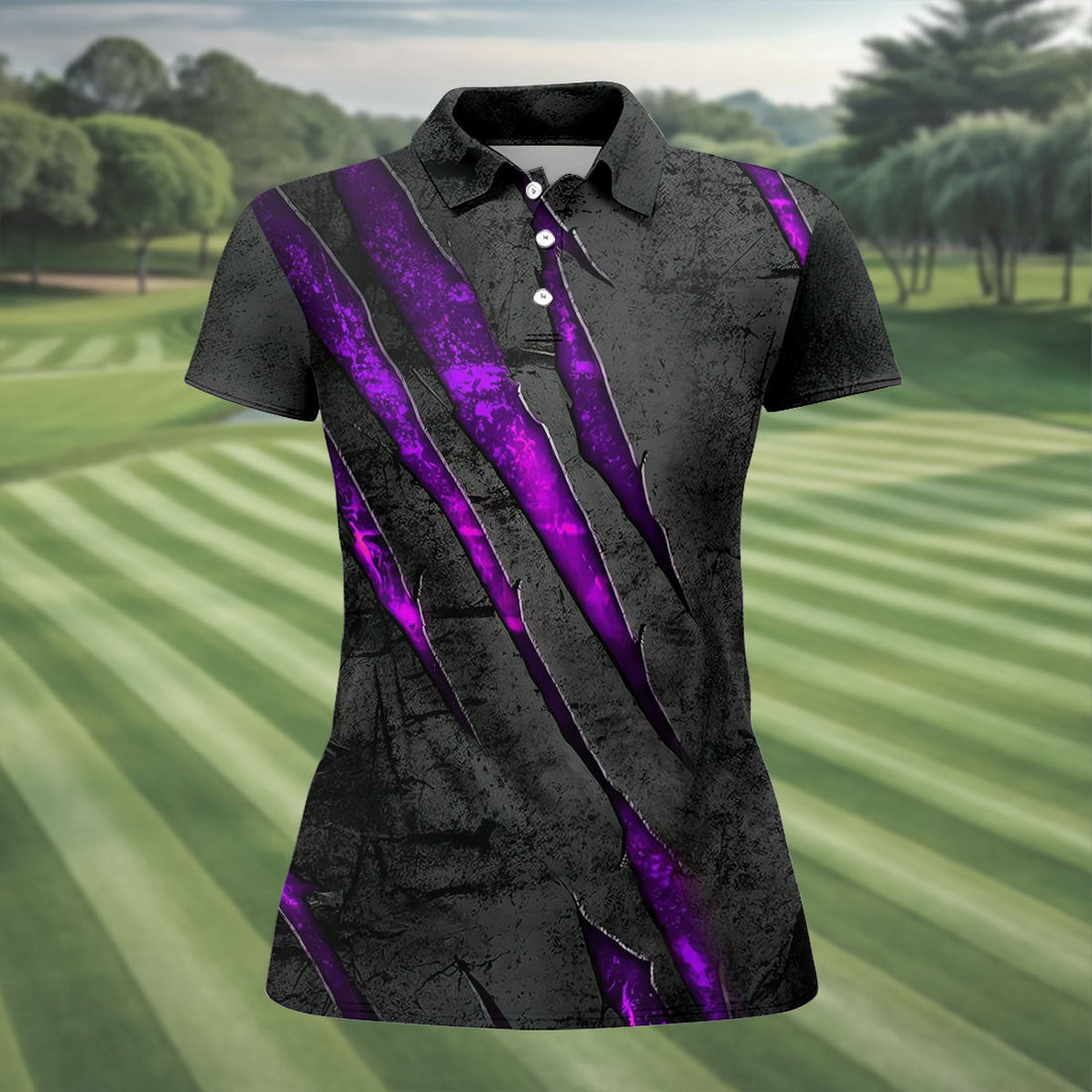 Purple Claw Marks Hawaiian Golf Shirt, Scratch Print Women's Golf Tops, Ladies Golf Shirts