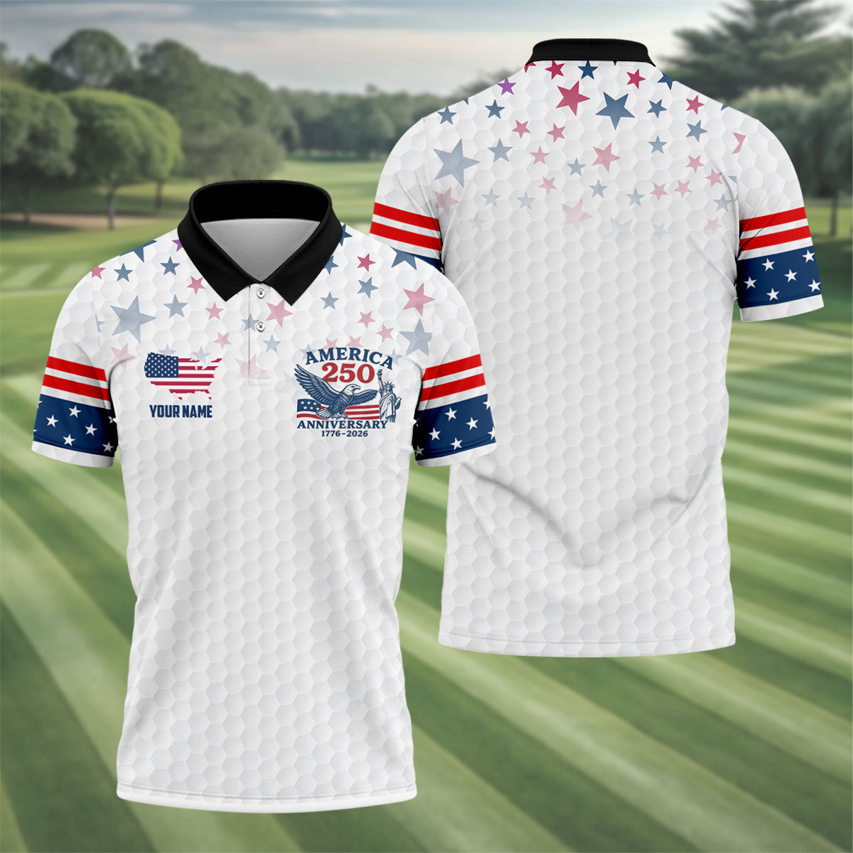 America 250th Anniversary Red White And Blue Stars White Golf Shirt, Patriotic 4th Of July Golf Shirts For Men
