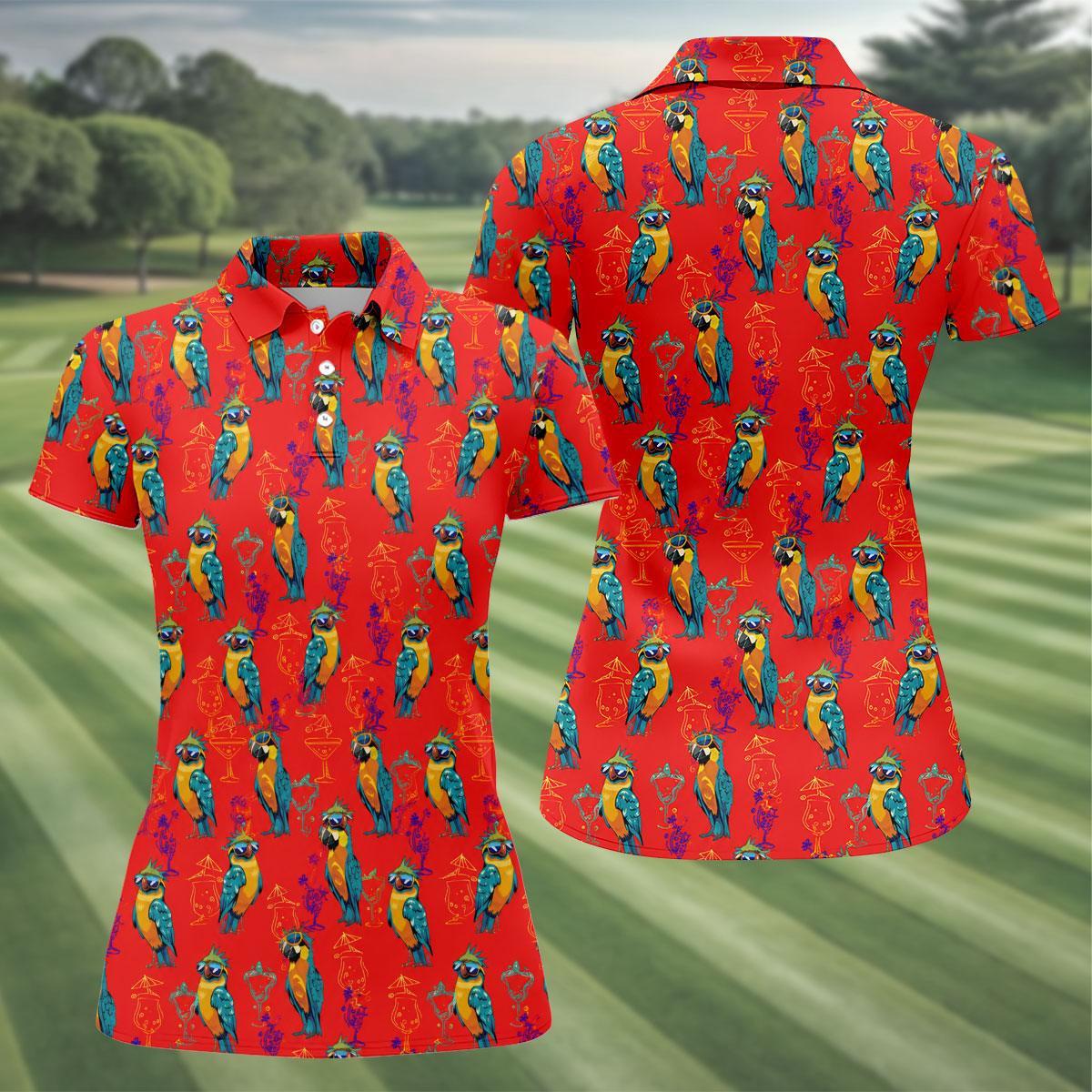 Red Parrot Sunglasses Cocktail Pattern Golf Shirt, Hawaiian Golf Shirt, Golf Tops For Women, Women’s Golf Apparel