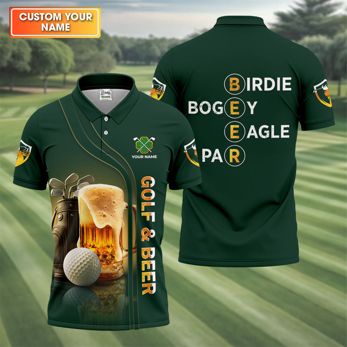 Golf Beer Birdie Bogey Eagle Par St Patrick's Day Green Golf Polos For Men, Golf Shirts For Men, St Patricks Day Golf Shirt