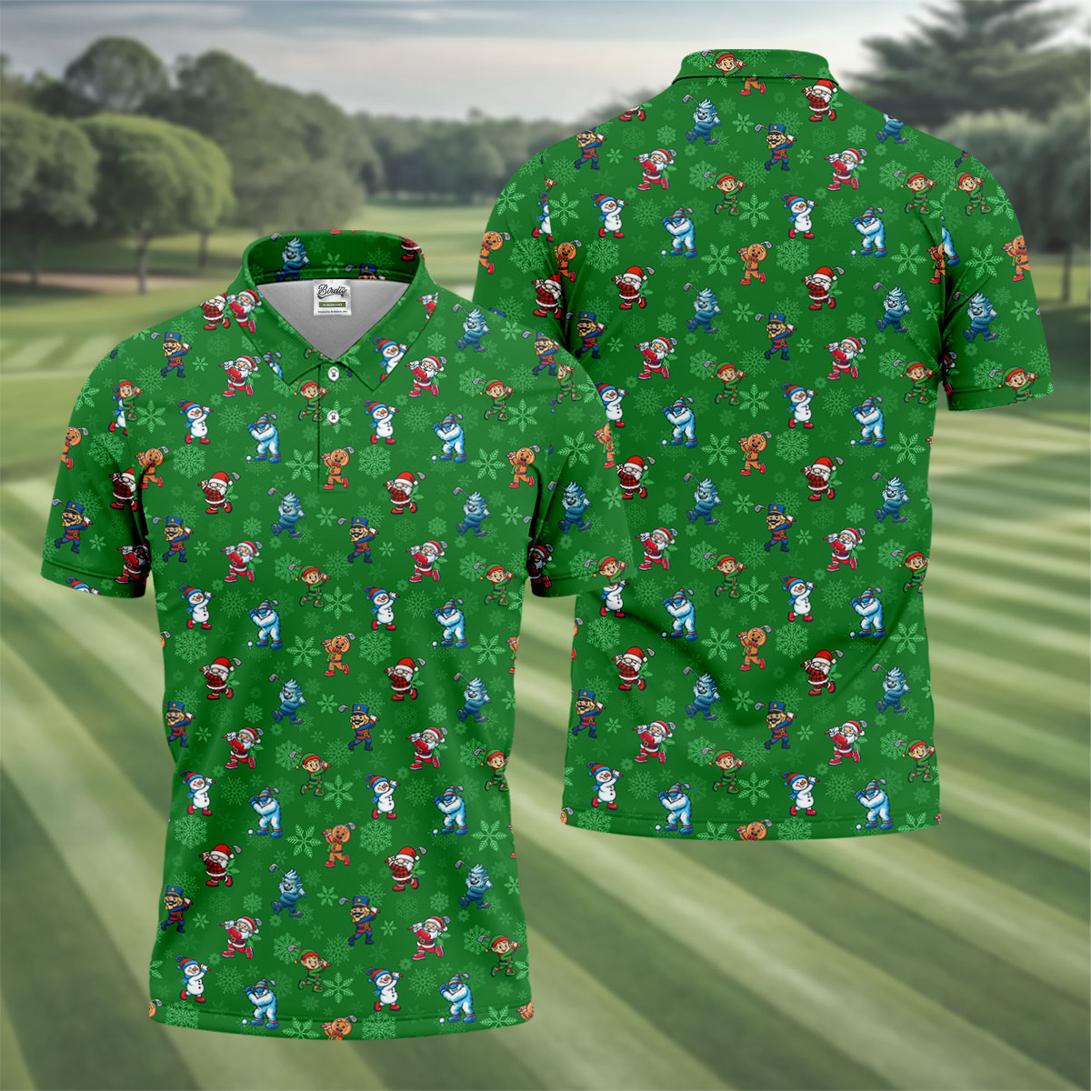 Funny Christmas Characters Golf Pose Green Golf Shirt, Christmas Golf Shirt, Polo ShirtFor Men