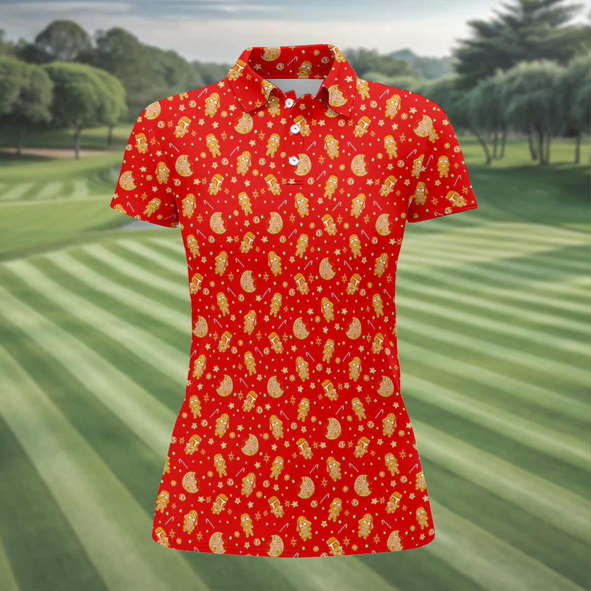 Gingerbread Character Christmas Golf Shirt, Red Golf Shirt, Fun Women's Golf Shirts, Golf Gift For Ladies