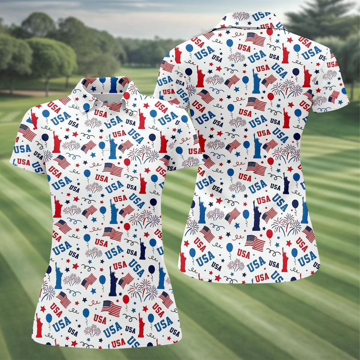 USA Red White Blue Seamless Pattern White Golf Shirt, 250th Anniversary Patriotic 4th Of July Golf Shirt For Women