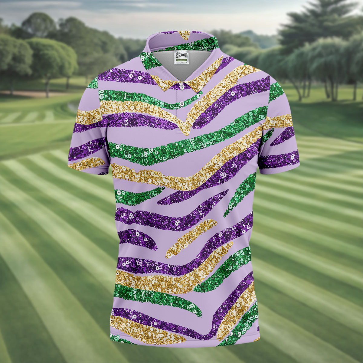 Purple Green Gold Sequin Pattern Light Purple Mardi Gras Golf Shirt, Polo ShirtFor Men, Golf Shirts For Men