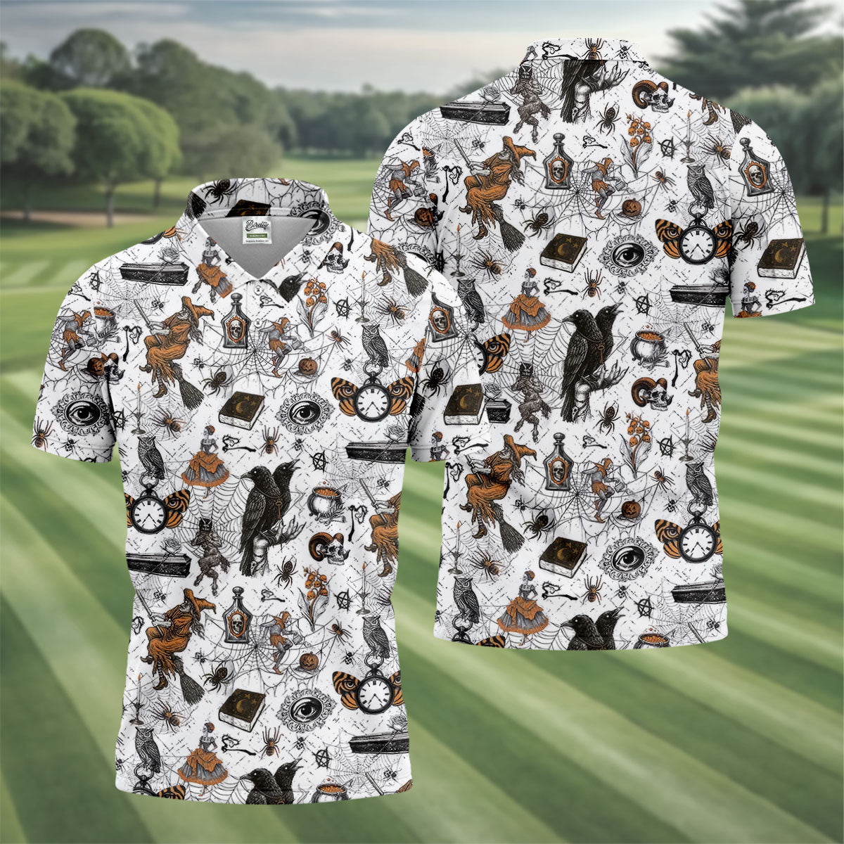 Spider Witch Skull Black Crow Men's Golf Shirt, Halloween Golf Shirt, Halloween Shirt For Men