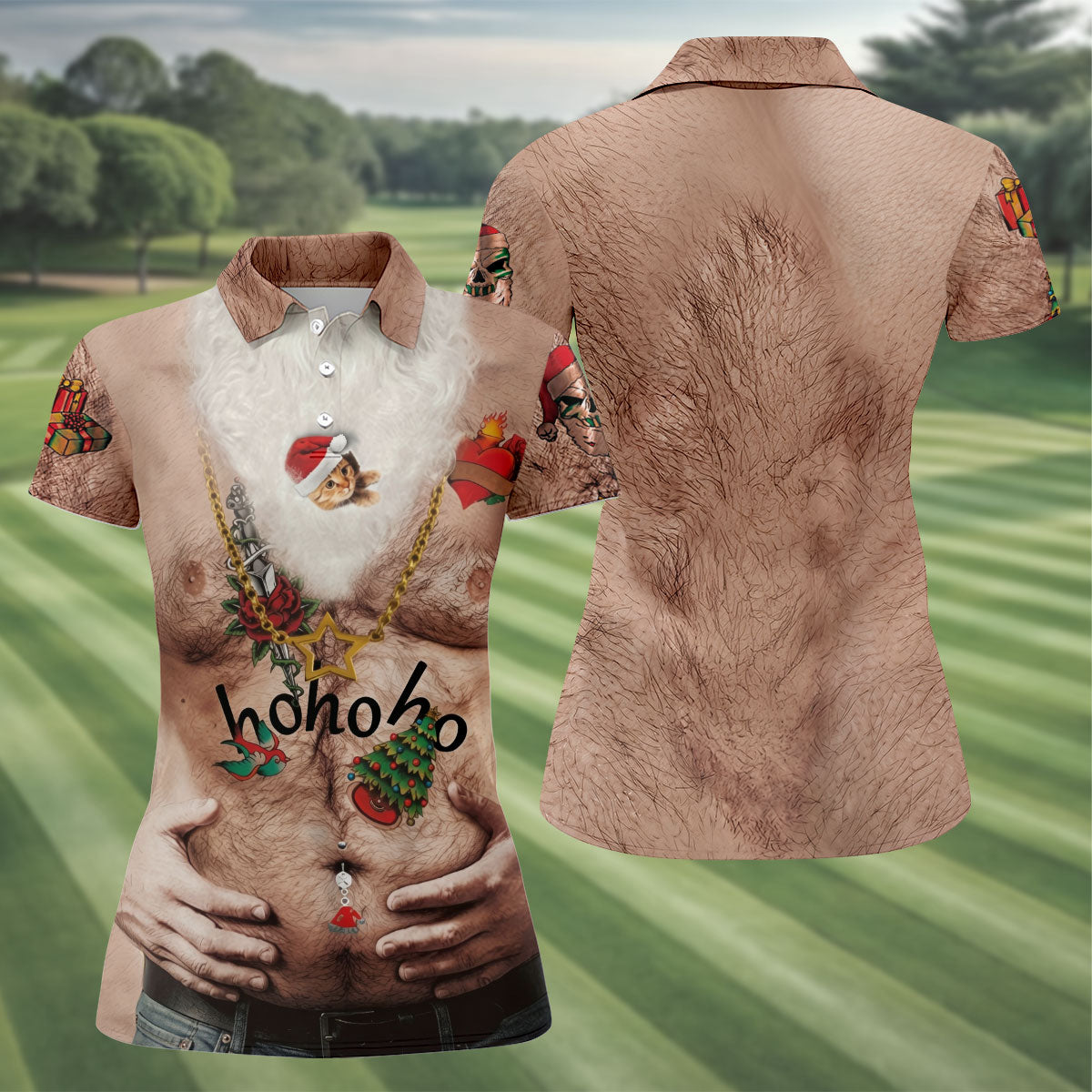 Women's Santa Beer Belly Costume Golf Shirt, Christmas Golf Shirt, Women’s Golf Apparel