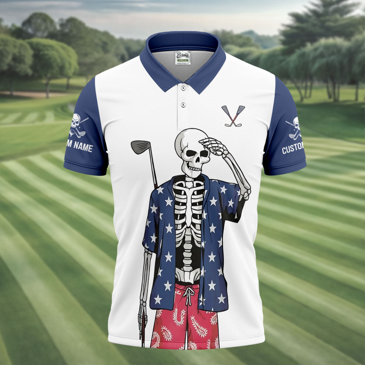 Skeleton Golf White Navy 4th Of July Patriotic Golf Shirt, 250 Years Golf Shirts For Men
