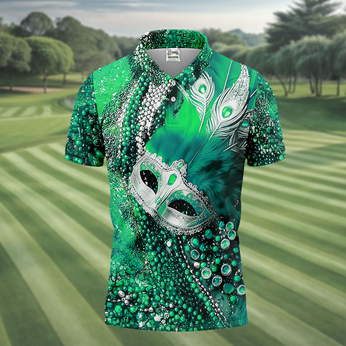 Mardi Gras Masquerade Mask Feather Beads Green Golf Shirt, Polo ShirtFor Men, Golf Shirts For Men
