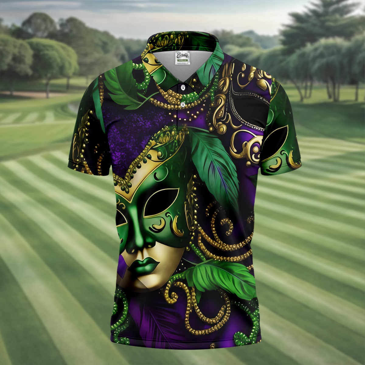 Purple Green Gold Carnival Mask Feather Print Mardi Gras Golf Shirt, Polo ShirtFor Men, Golf Shirts For Men