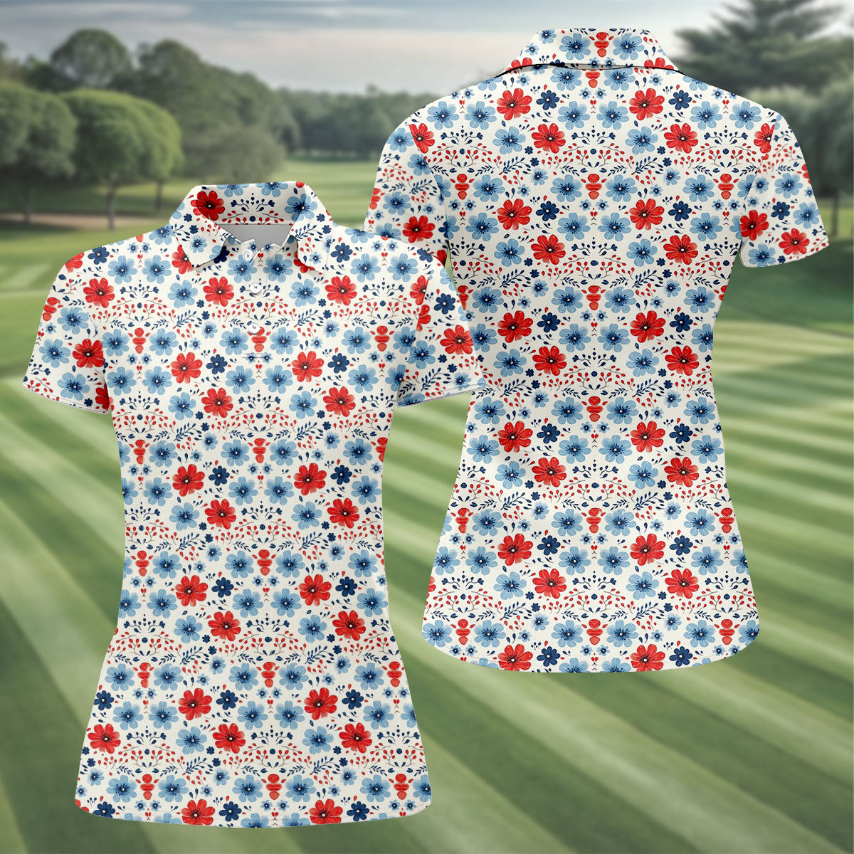 Red White Blue Floral Pattern 250th Anniversary Patriotic Golf Shirt, 4th Of July Golf Shirt For Women