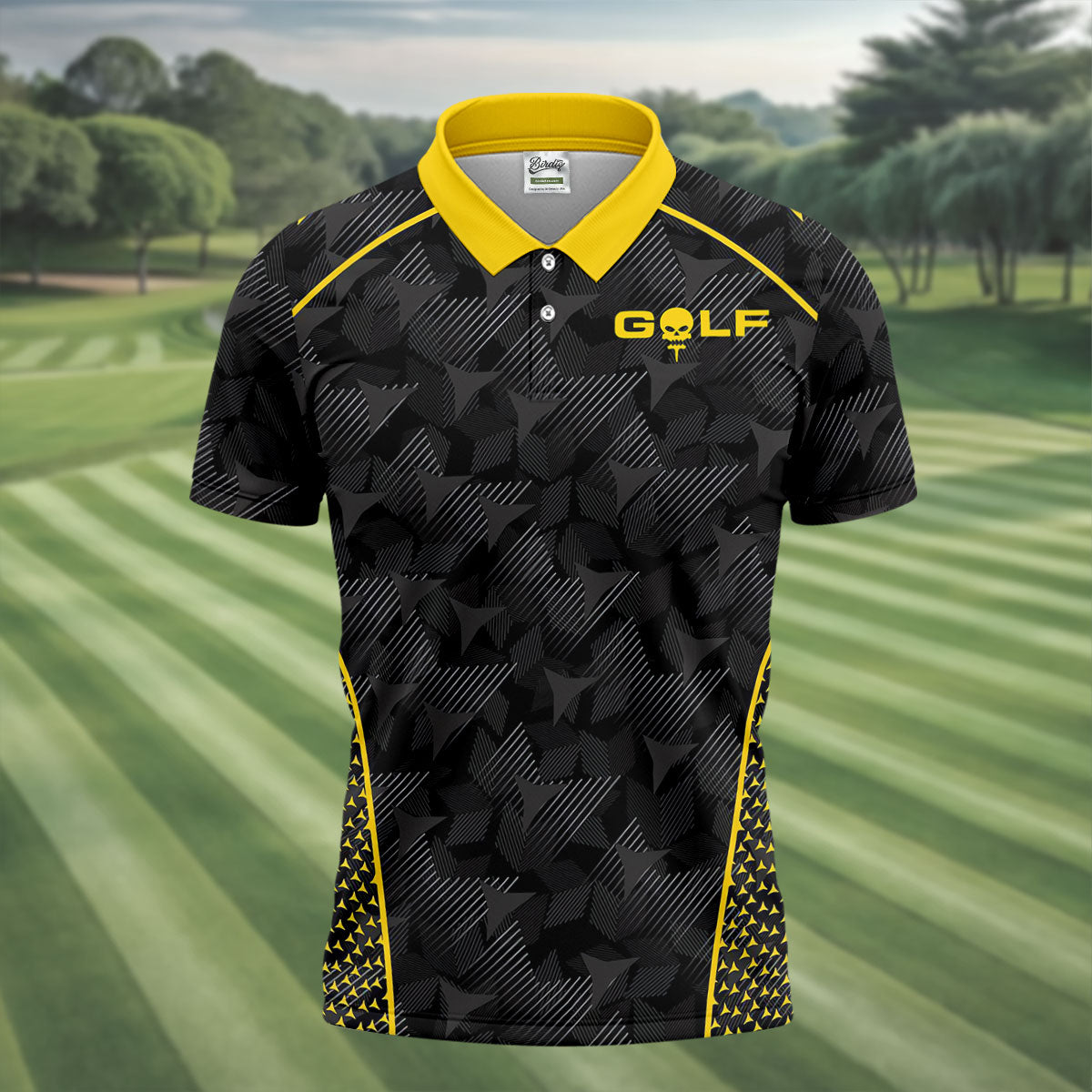 Abstract Triangle Black Yellow Golf Tops For Men, Father's Day Golf Gift, Polo Shirtor Men
