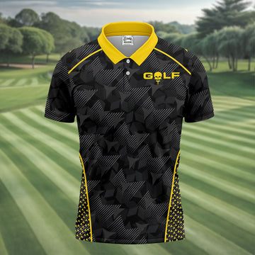 Abstract Triangle Black Yellow Golf Tops For Men, Father's Day Golf Gift, Polo Shirtor Men