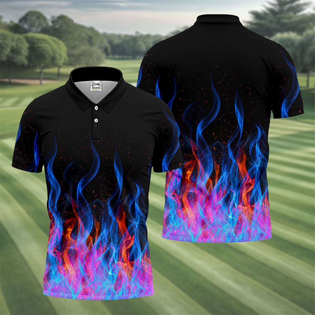 Black Blue Flame Fire Pattern Golf Shirt, Men's Golf Shirt, Mens Polo Shirts, Printed Golf Shirts