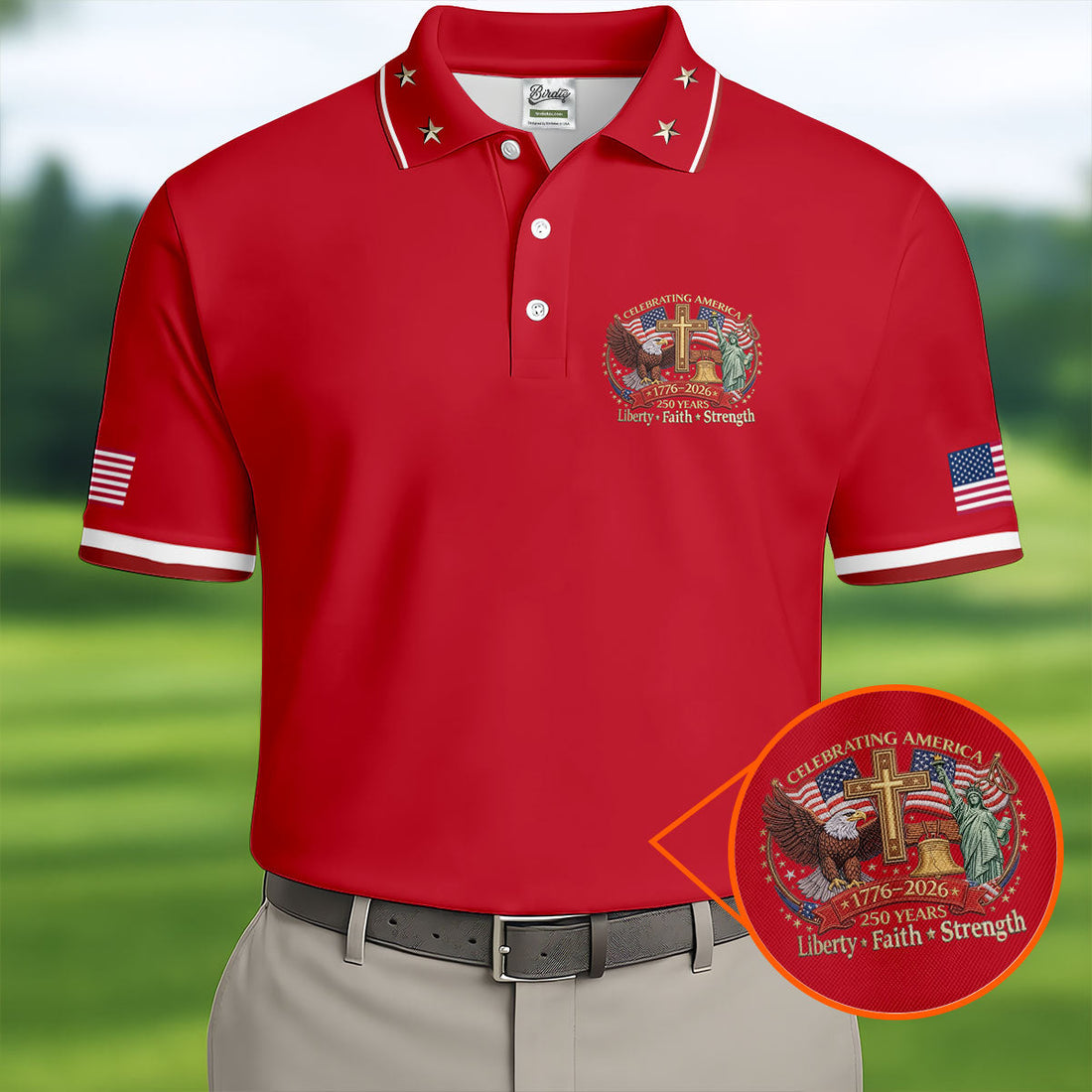 Liberty Faith Strength Faith Cross USA 250 Red Golf Shirt, 4th Of July Golf Shirts For Men