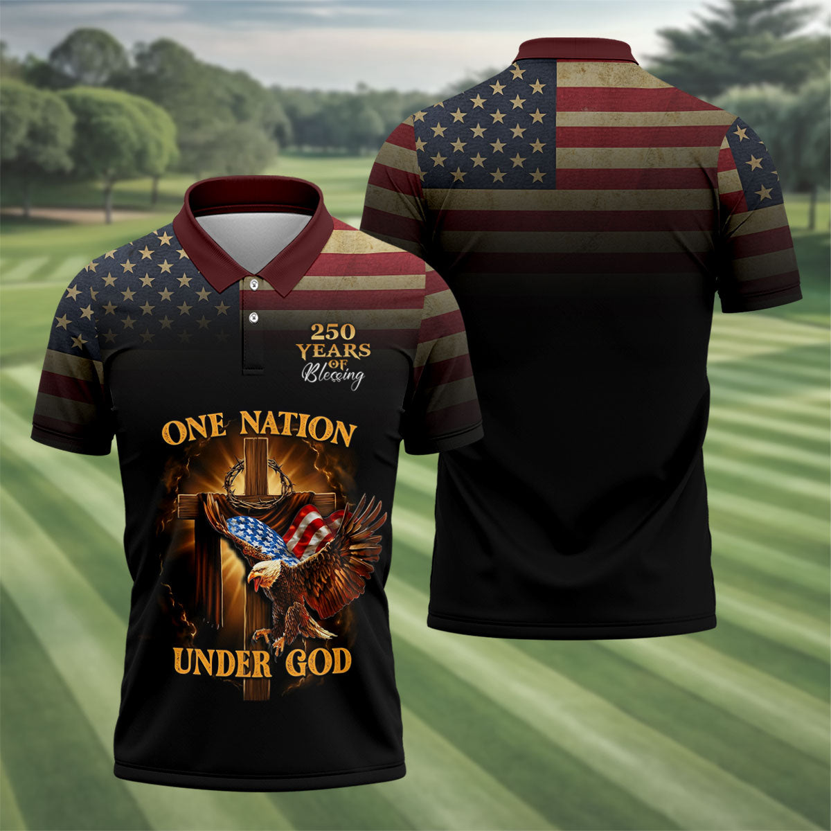 One Nation Under God 250 Years Faith Cross Golf Tops For Men, Patriotic US Flag Father's Day Golf Shirt