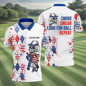 Swing Swear Look For Ball Repeat Red White Blue Argyle Golf Shirt, 250 Years Golf Shirts For Men