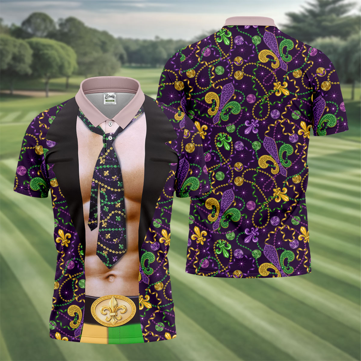 Mardi Gras Purple Green Gold Fleur De Lis Funny Costume Golf Shirts For Men, Men's Funny Golf Shirts
