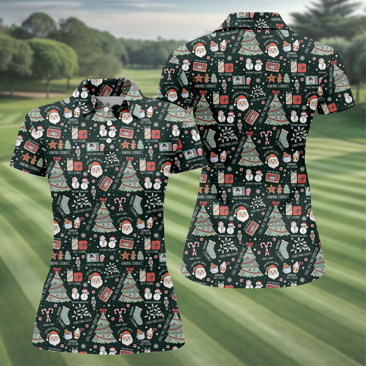 Cute Santa Claus Gift Green Women's Golf Tops, Christmas Golf Shirt, Golf Gift For Ladies