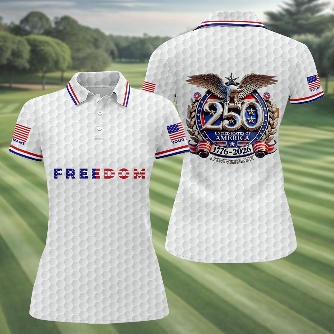 Freedom American Bald Eagle 250th Anniversary White Golf Shirt, Patriotic 4th Of July Golf Shirt For Women