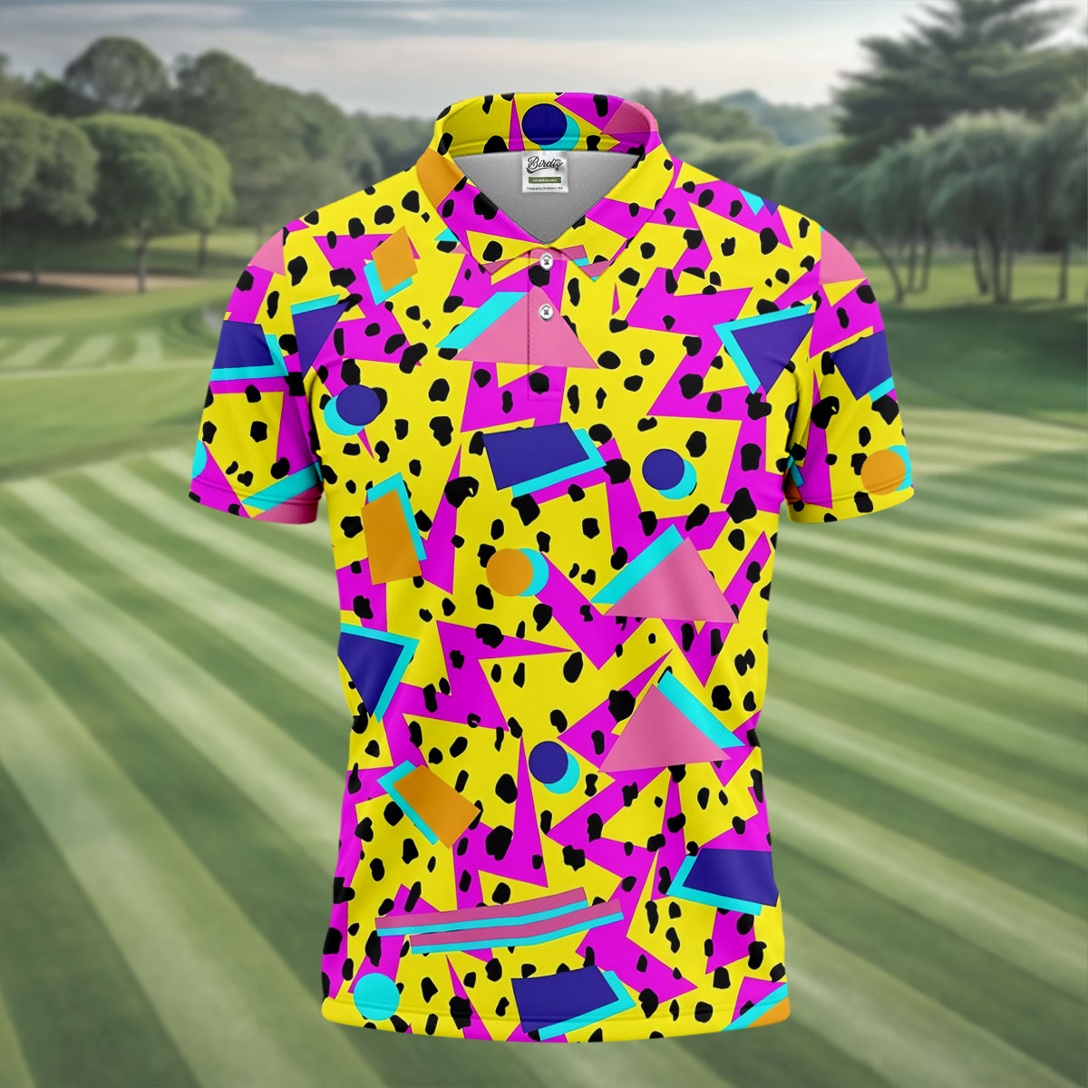 Retro Neon Geometric Shapes Yellow Golf Shirt, Golf Shirts For Men, Mens Golf Apparel, Polo Shirts For Men