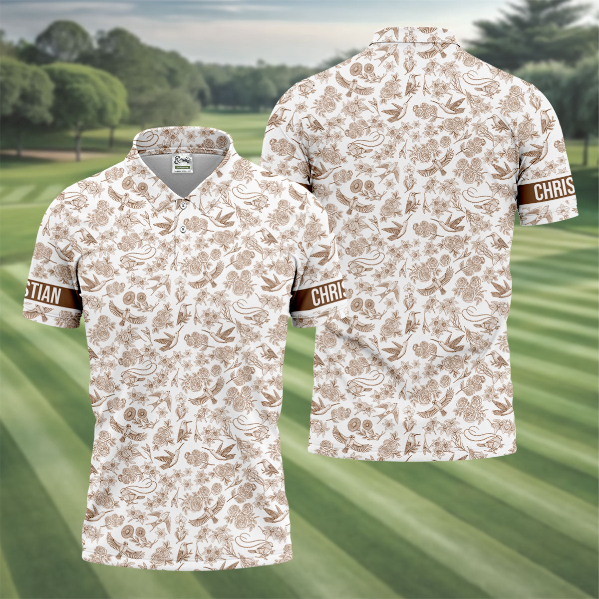 Custom Name Toile de Jouy Birds And Flowers Brown Golf Shirt, Polo ShirtFor Men, Golf Gift For Men