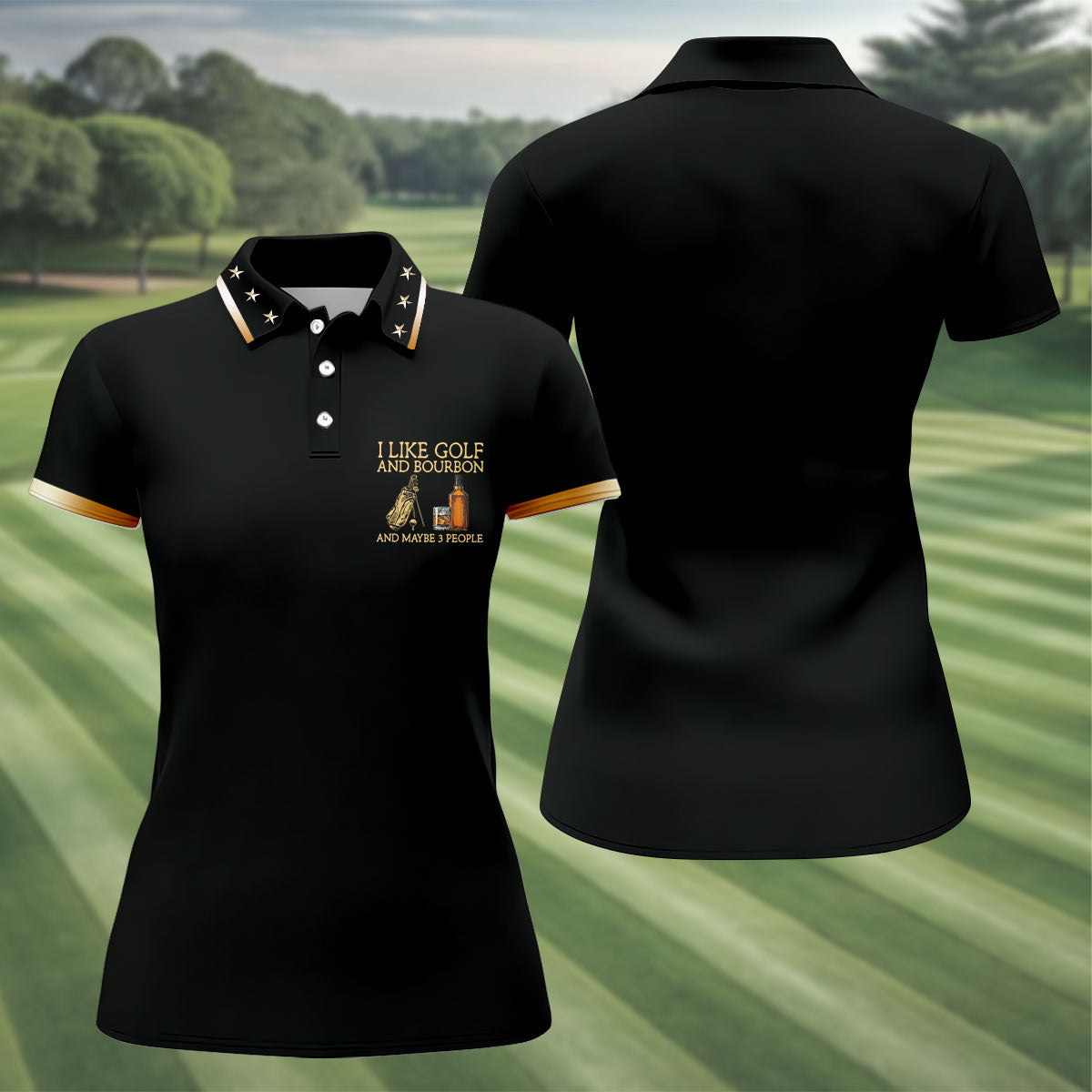 I Like Golf And Bourbon Black Golf Shirt, Fun Women's Golf Shirts, Golf And Whiskey Ladies Golf Shirts