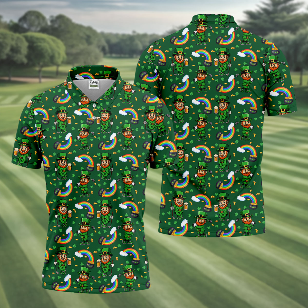 St Patrick's Day Leprechaun Golf Pose Rainbow Gold Pot Shamrock Golf Shirt, Golf Tops For Men, Golf Shirts For Men