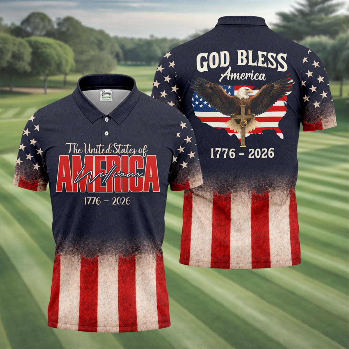 God Bless America Faith Cross Bald Eagle Patriotic Golf Shirt, 250 Years Golf Shirts For Men