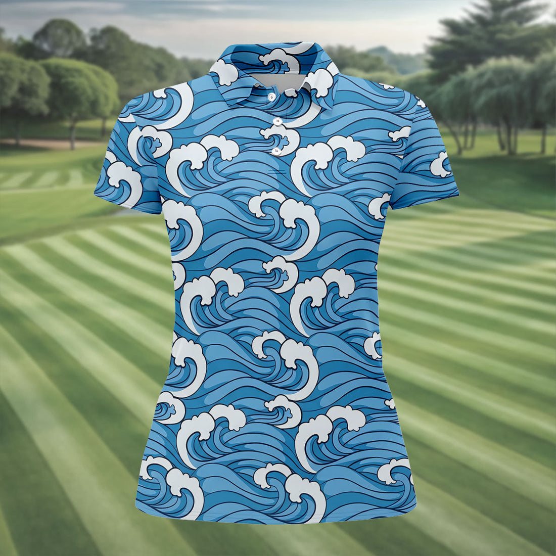 Japanese Wave Golf Shirt, Ocean Wave Pattern Women's Golf Polo, Polo Shirts For Women