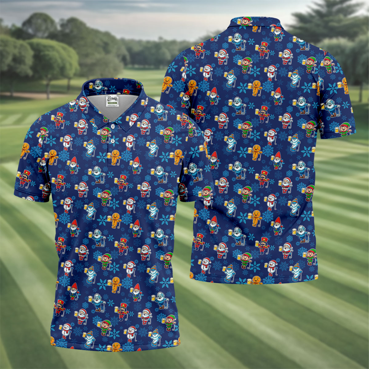 Christmas Characters Golf And Beer Navy Men's Funny Golf Shirts, Christmas Golf Shirt, Polo ShirtFor Men