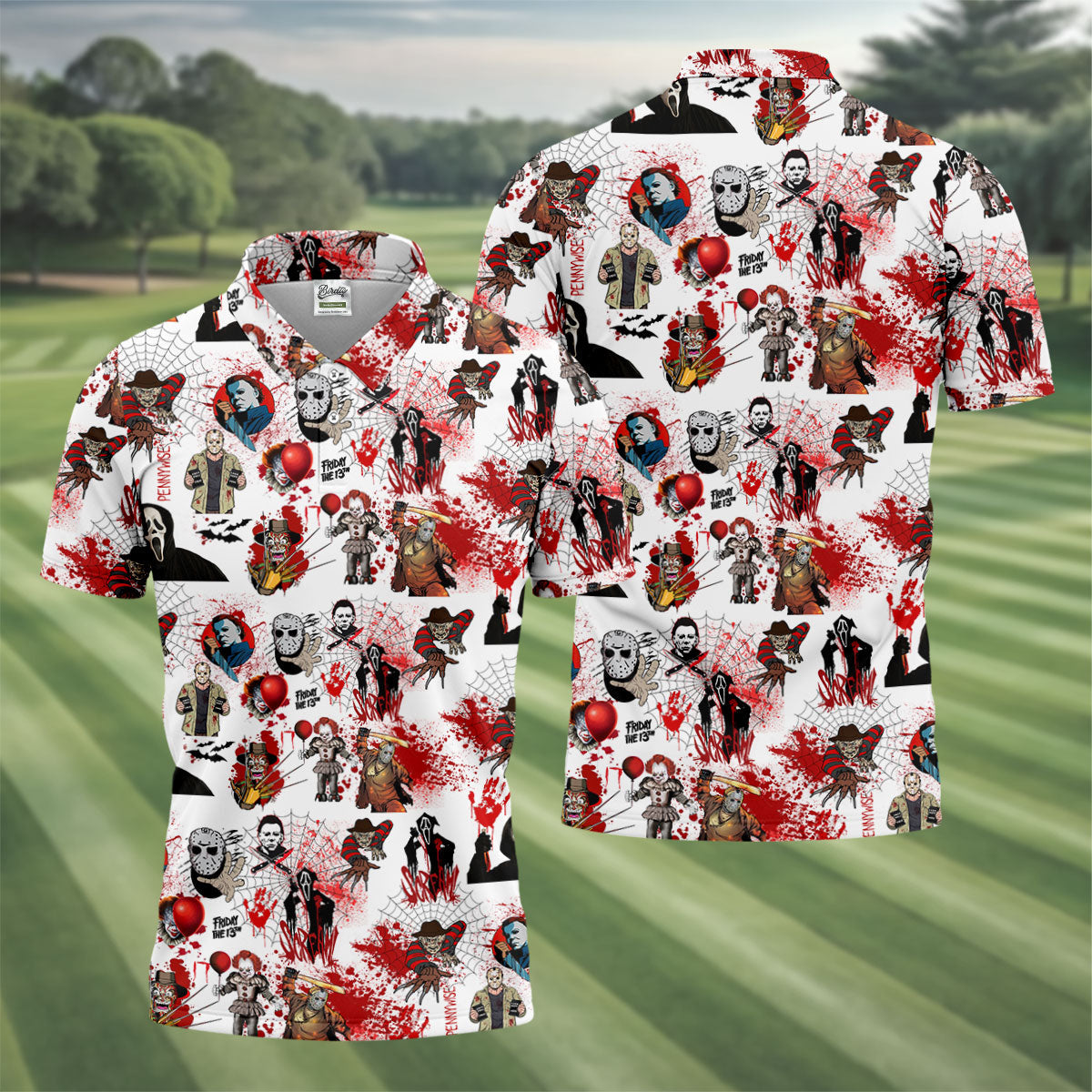 Horror Villain Blood Splatter Print Golf Tops For Men, Halloween Golf Shirt, Polo ShirtFor Men, Golfing Apparel