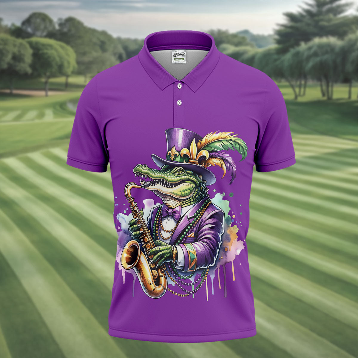 Mardi Gras Alligator Playing Saxophone Purple Golf Shirt, Golf Shirts For Men, Polo ShirtFor Men