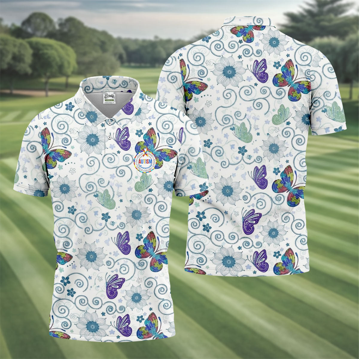Autism Awareness Flower And Butterfly Puzzle Ribbon Men's Golf Shirt, Polo ShirtFor Men