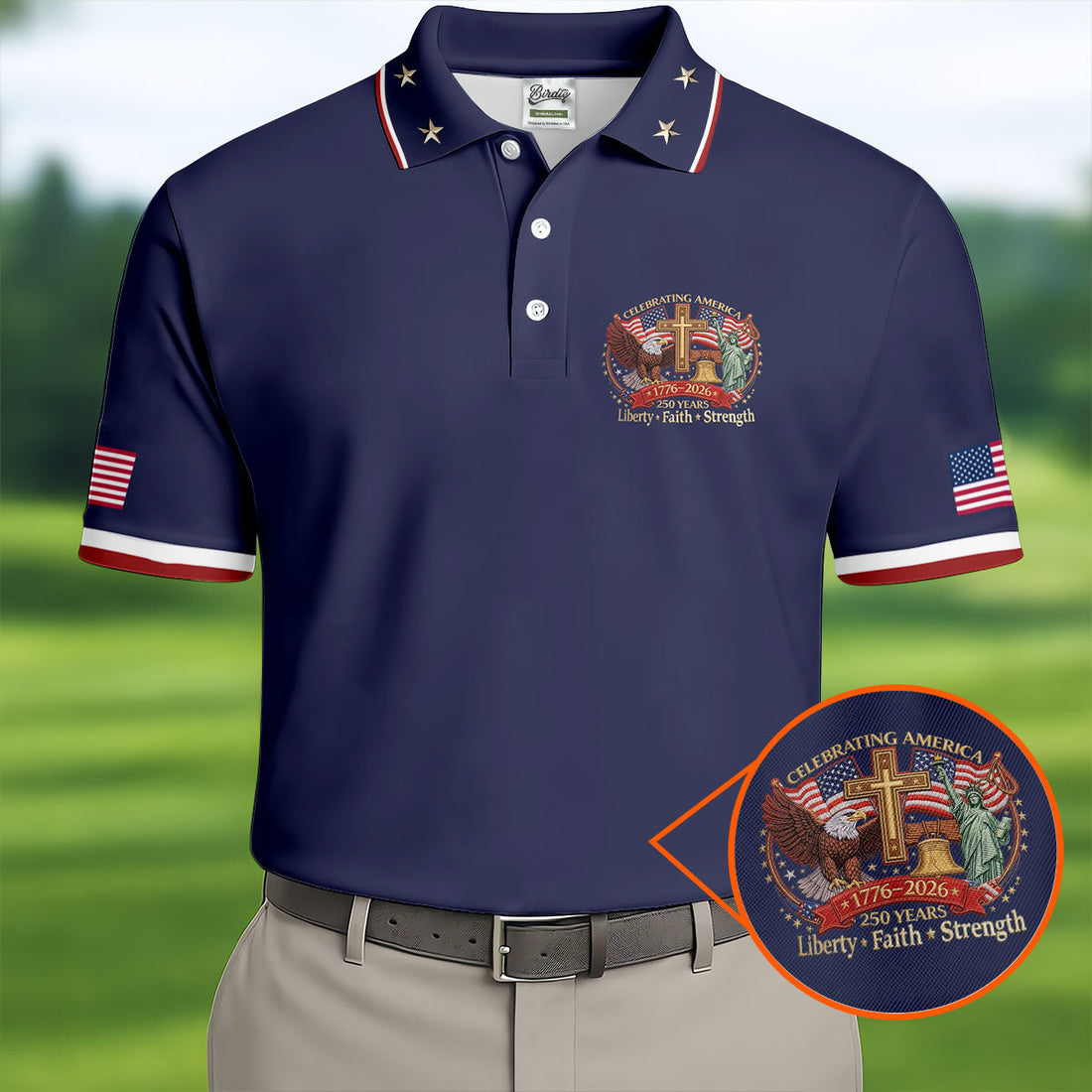 Liberty Faith Strength Faith Cross USA 250 Navy Golf Shirt, 4th Of July Golf Shirts For Men