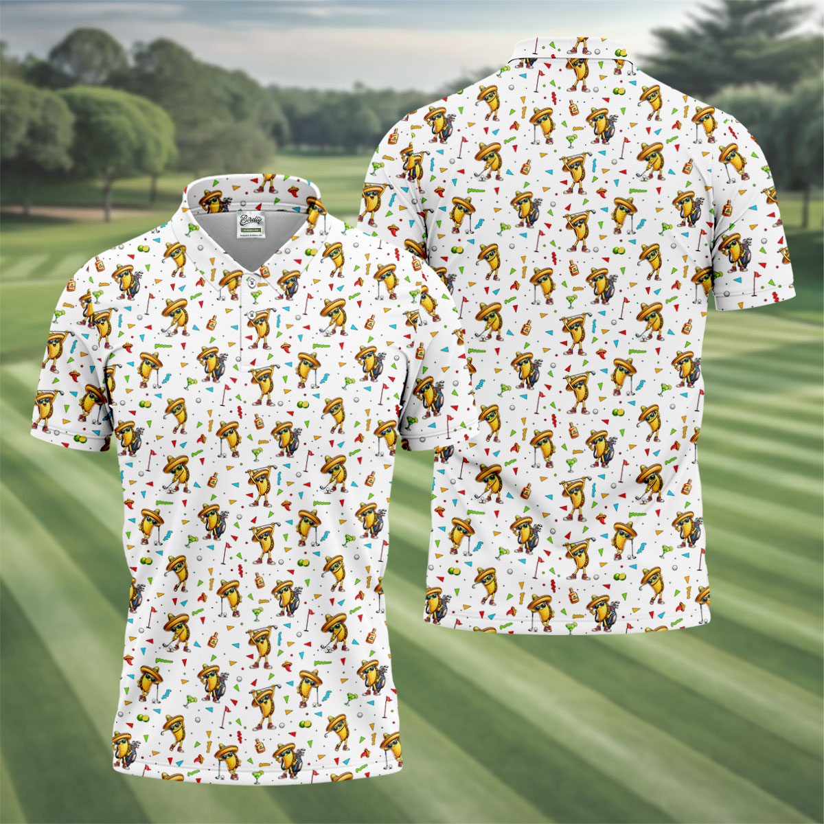 Fairway Fiesta Taco Margarita Mexico Theme White Golf Shirt, Men's Golf Shirts, Polo ShirtFor Men