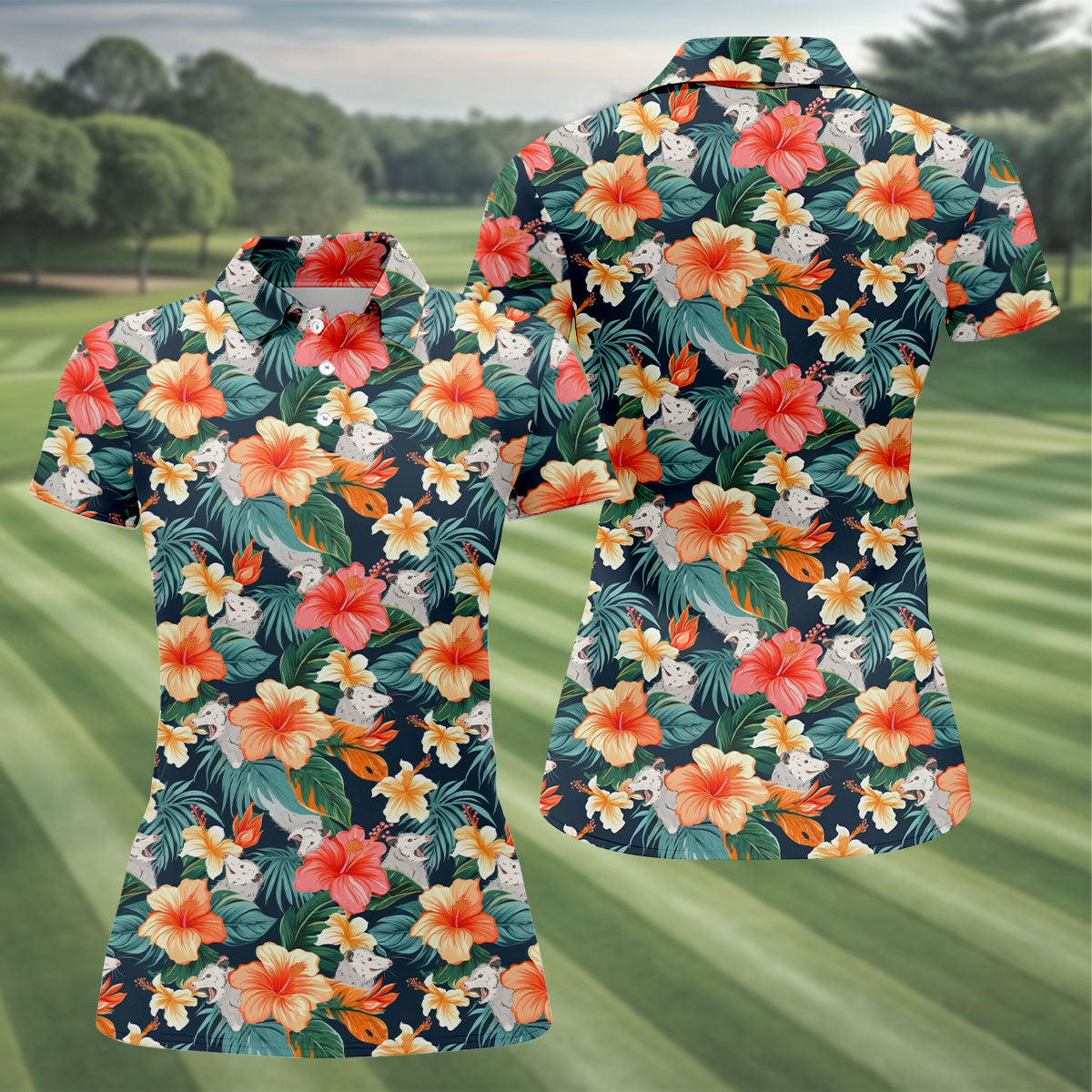 Large Hibiscus Flowers Tropical Vibe Ladies Golf Tops, Hawaiian Golf Shirts, Golf Shirt For Women