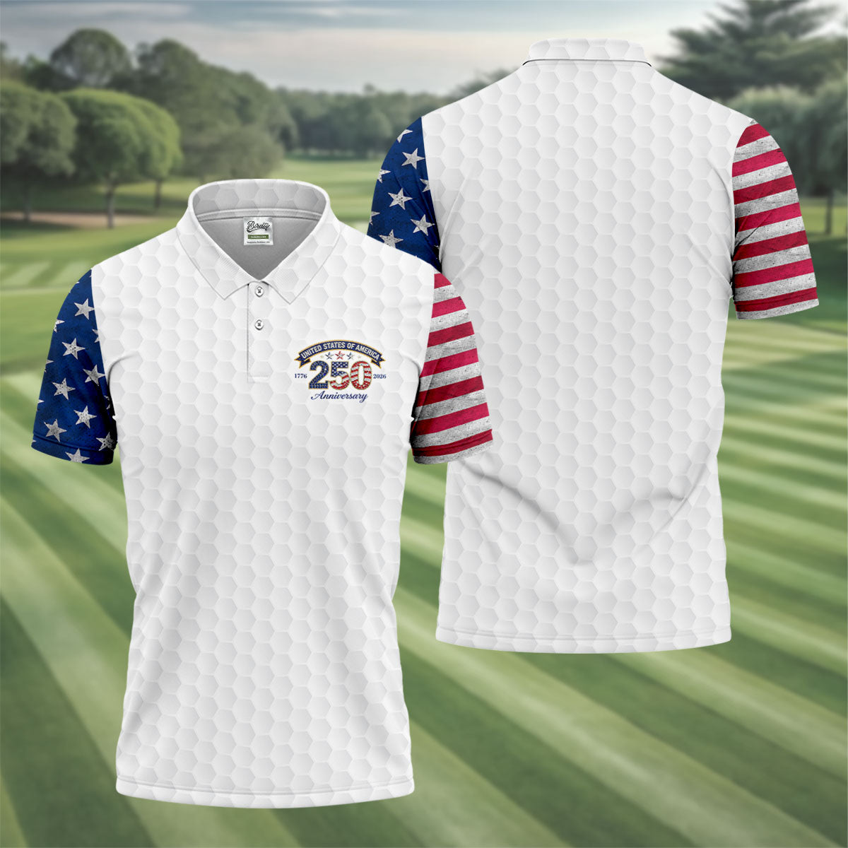 250th Anniversary Golf Ball Pattern White Golf Shirt, Patriotic 4th Of July Golf Shirt, Golf Shirts For Men