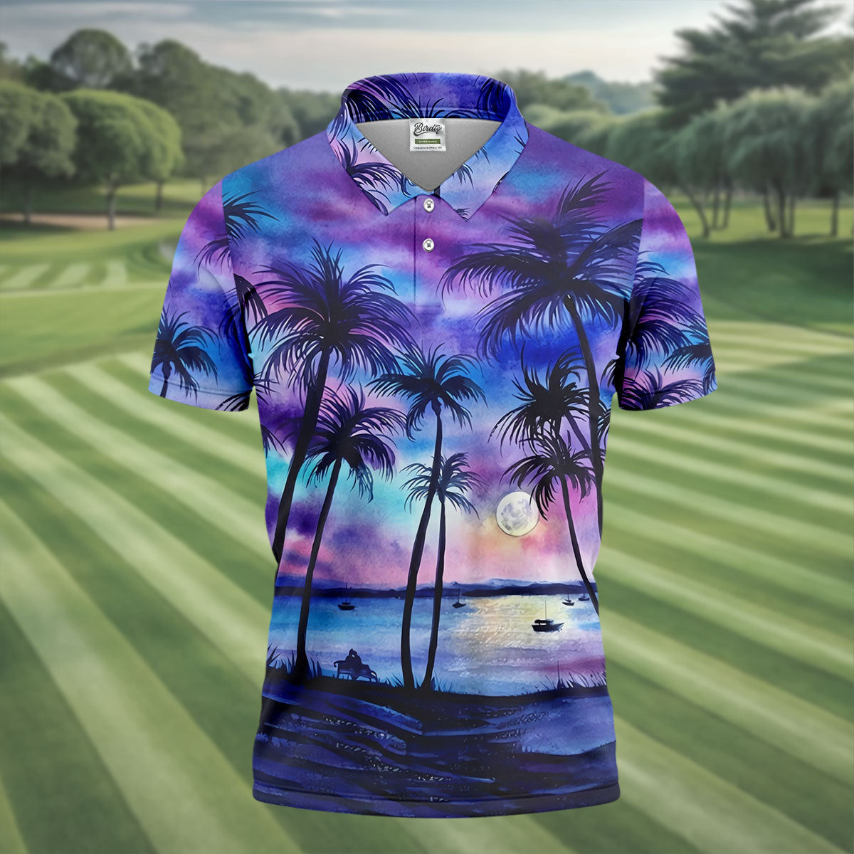 Moonlit Tropical Beach Palm Tree Design Hawaiian Golf Shirt, Golf Shirts For Men, Polo Shirts For Men
