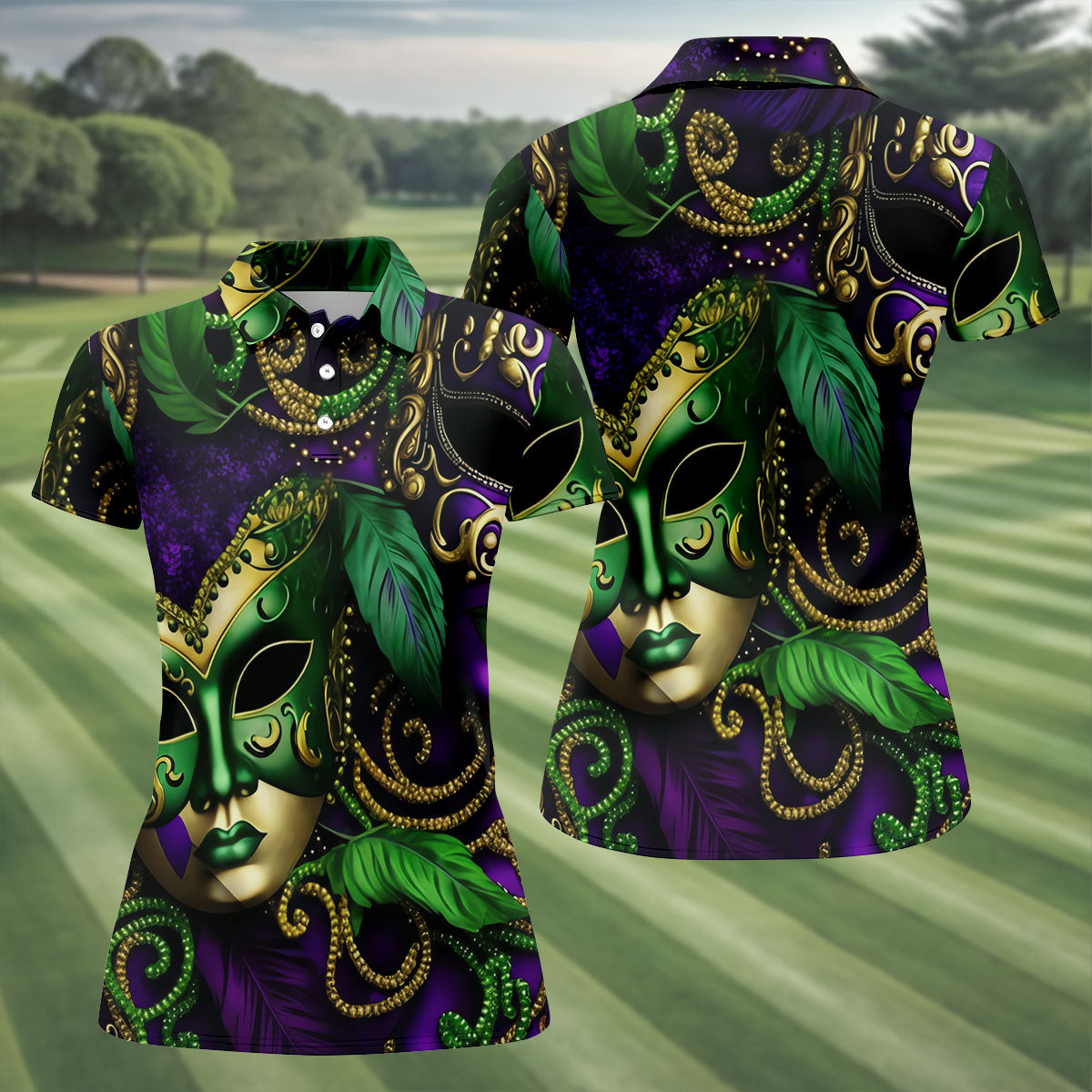 Purple Green Gold Carnival Mask Feather Print Mardi Gras Golf Shirt, Women's Golf Tops, Ladies Golf Shirts