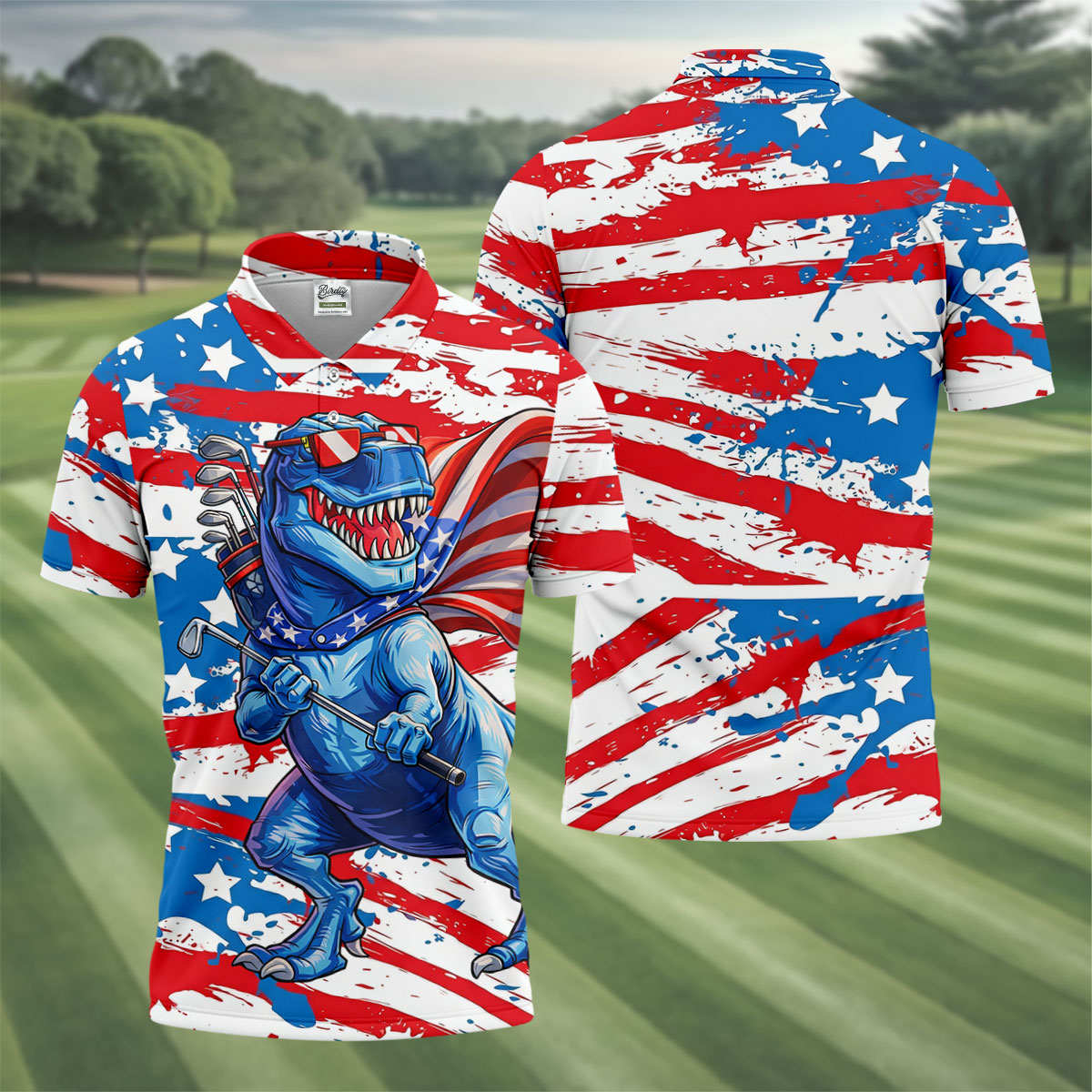 Funny Dinosaur USA Flag Print 250 Years Anniversary Golf Tops For Men, 4th Of July Patriotic Golf Shirt