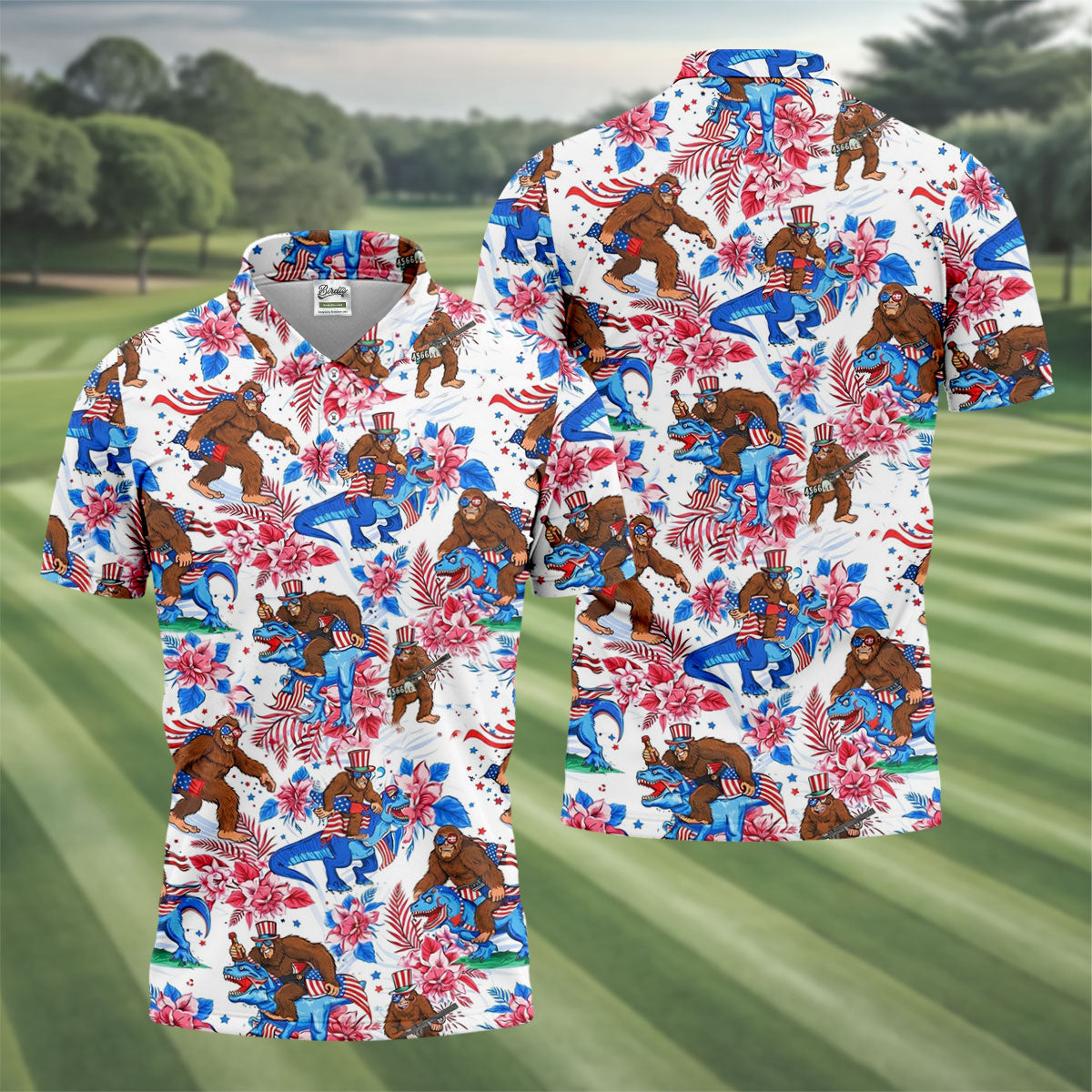 American Flag Patriotic Pride Funny Bigfoot Hawaiian Golf Shirt, 250th Anniversary Golf Shirts For Men