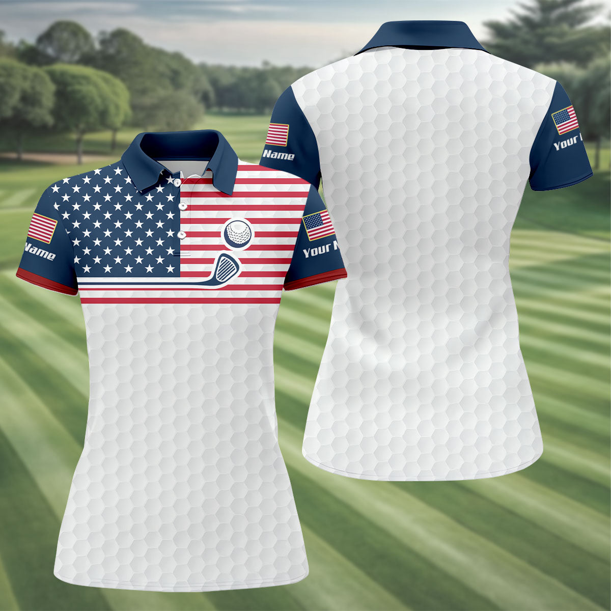 Patriot American Flag Wedge Golf Club Golf Ball Pattern Women's Golf Tops, 250th Anniversary Patriotic Golf Shirt