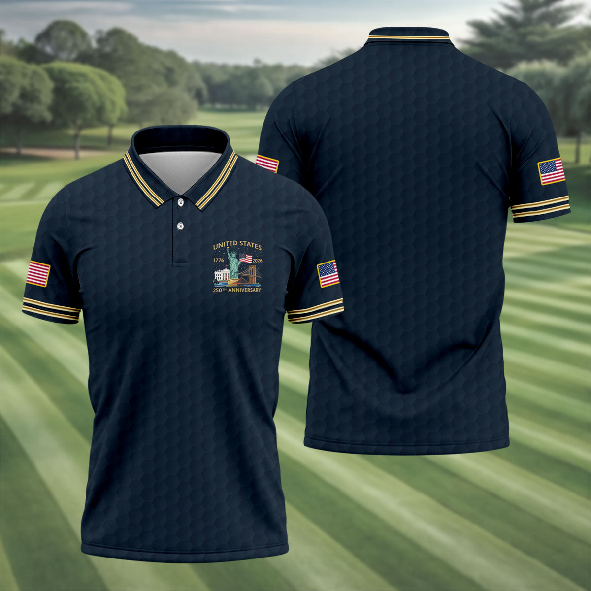United States 250th Anniversary Golf Ball Pattern Navy Golf Shirt, 4th Of July Patriotic Golf Shirts For Men